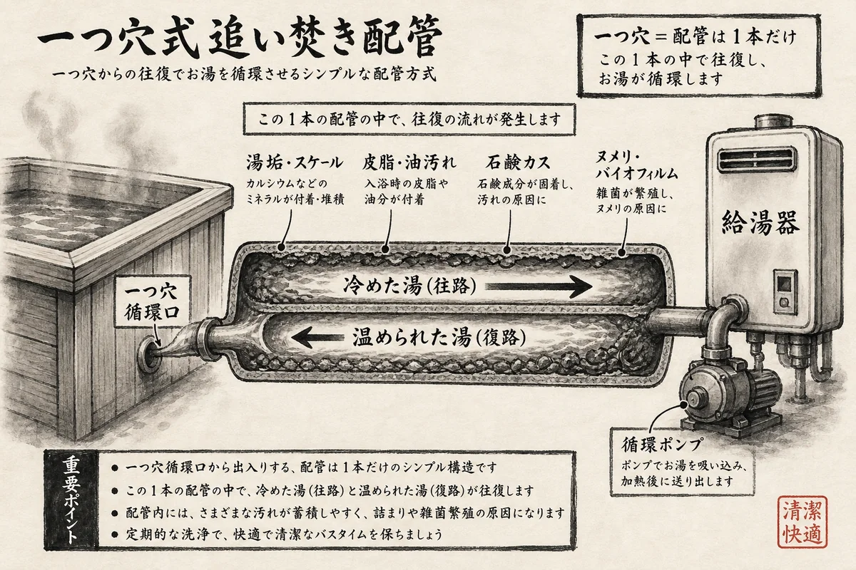 一つ穴式 追い焚き配管の構造図